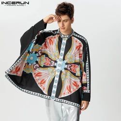 INCERUN Tops 2024 American Style Men's Fashion Floral Print Batwing Sleeve Shirts Casual Clubwear Male Loose Long Sleeved Blouse