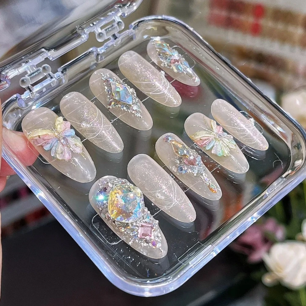 10Pcs Handmade Press On Nails Manicure Long Almond Fake Nails Christmas & New Year Limited 3D  Nails Design with Set