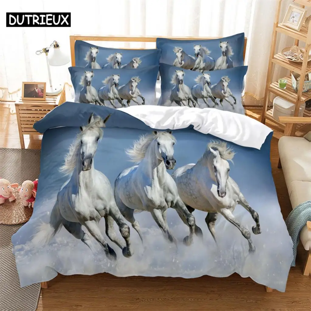 

Three white horses Bedding 3-piece Digital Printing Cartoon Plain Weave Craft For North America And Europe Bedding Set Queen