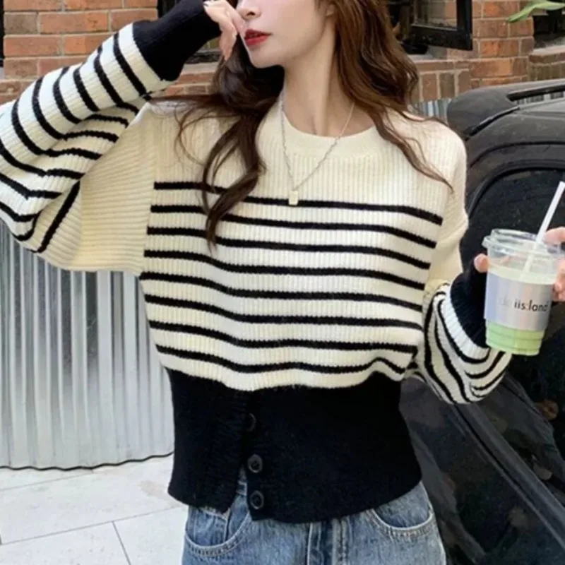 Ulzzang Pullover per le donne Giovani Casual College Caldo Autunno Inverno Ins Bottoni a righe O-Collo Allentato Manica lunga All-match Ragazze