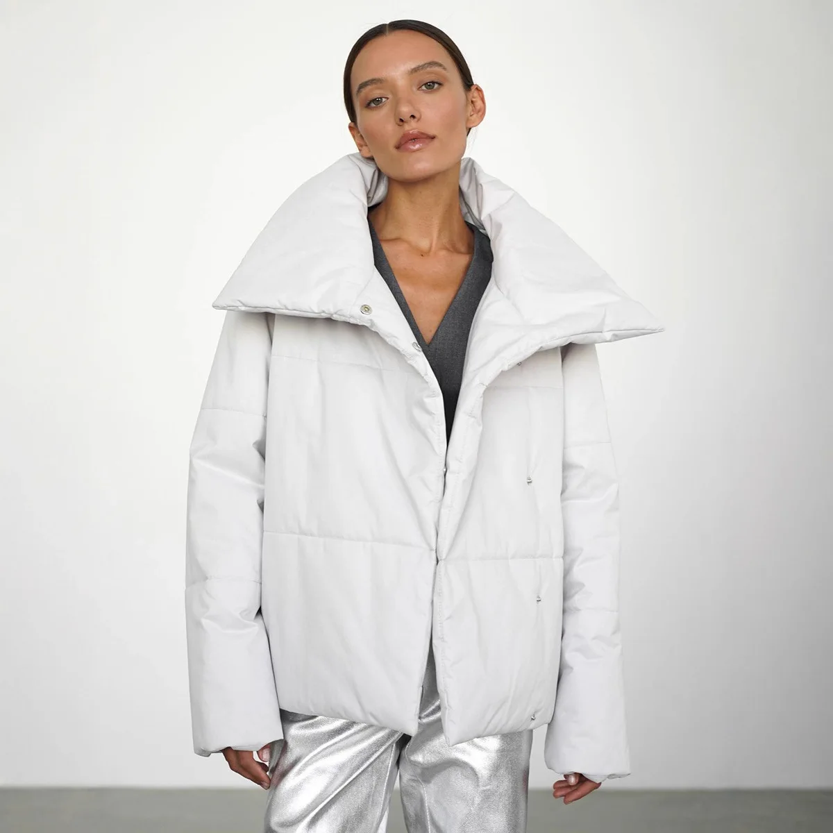

Elegant Thick Warm Velvet High Collar Cotton Coat Autumn and Winter Women Simple Solid Loose Windproof Hiking Outdoor Jacket