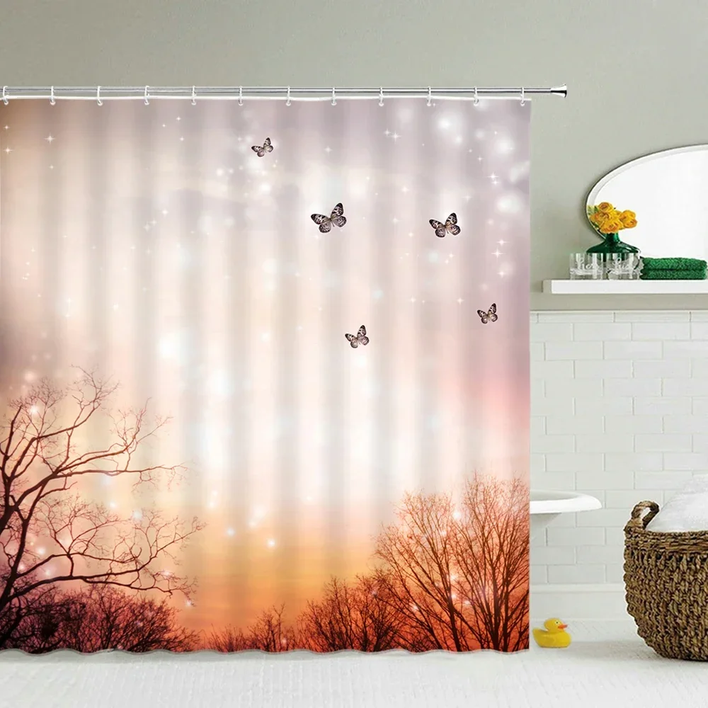 Sunlight Ocean Scenery Shower Curtains Decoration Waterproof Fabric Sunset Dusk Sea Dolphin Cowboy Bath Curtain Bathroom Screen