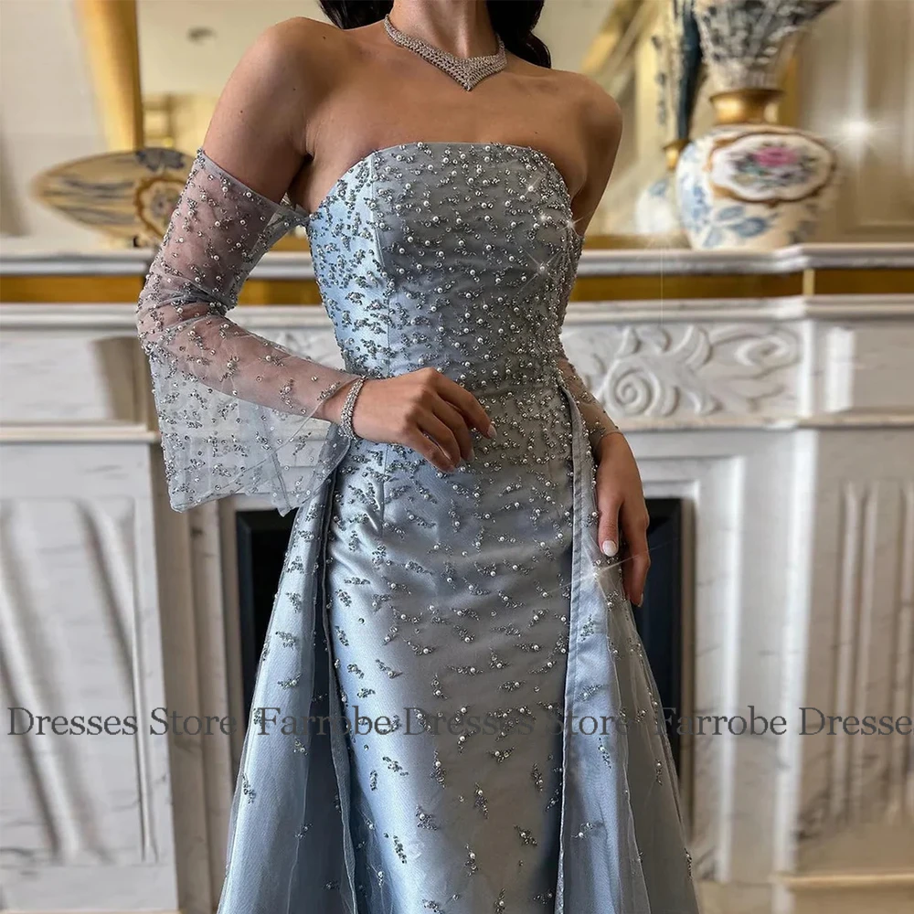 Elegant Birthday Party Dresses Satin Sheath/Column 2025 Luxury Evening Dress Blue Strapless Pearl Beadings Celebrity Gown Long