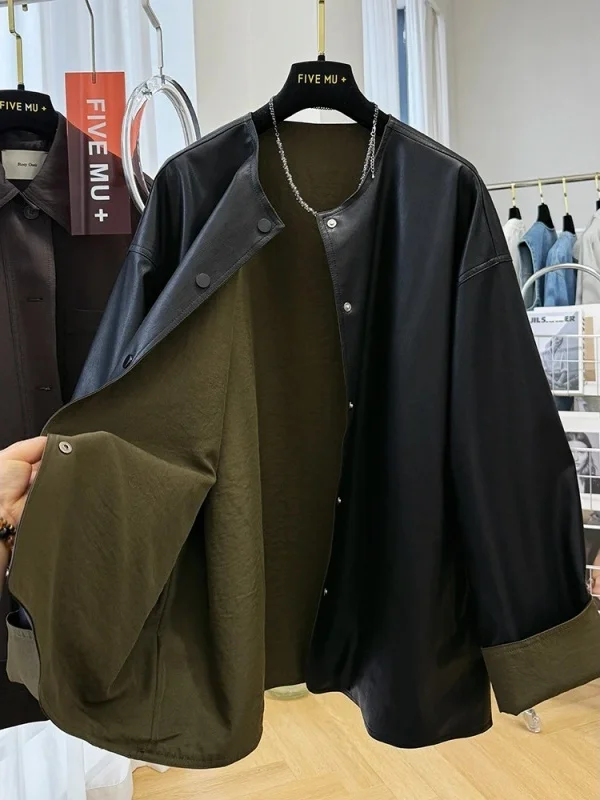 特大サイズ 300 ポウ レディース リバーシブル レザー ジャケット ルーズ PU レザーコート シック 韓国風 ゆったり 秋 ファッション