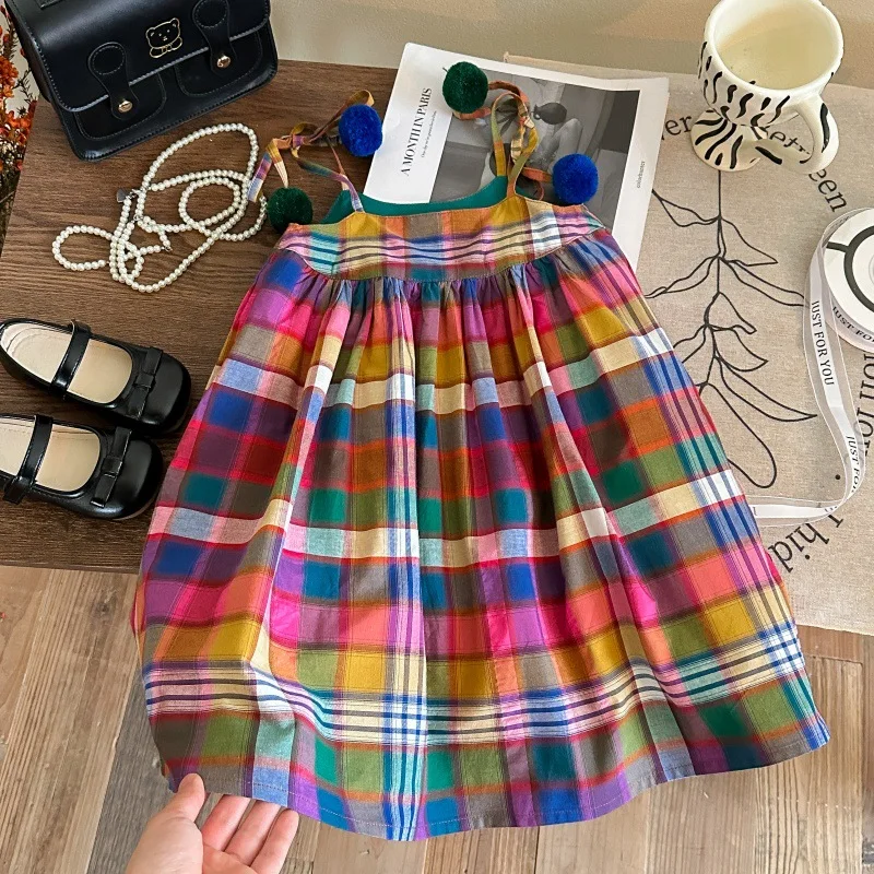 2025 Girls Summer Japanese Versatile Plaid Suspender Princess Dress Baby Foreign Style Suspender Dress