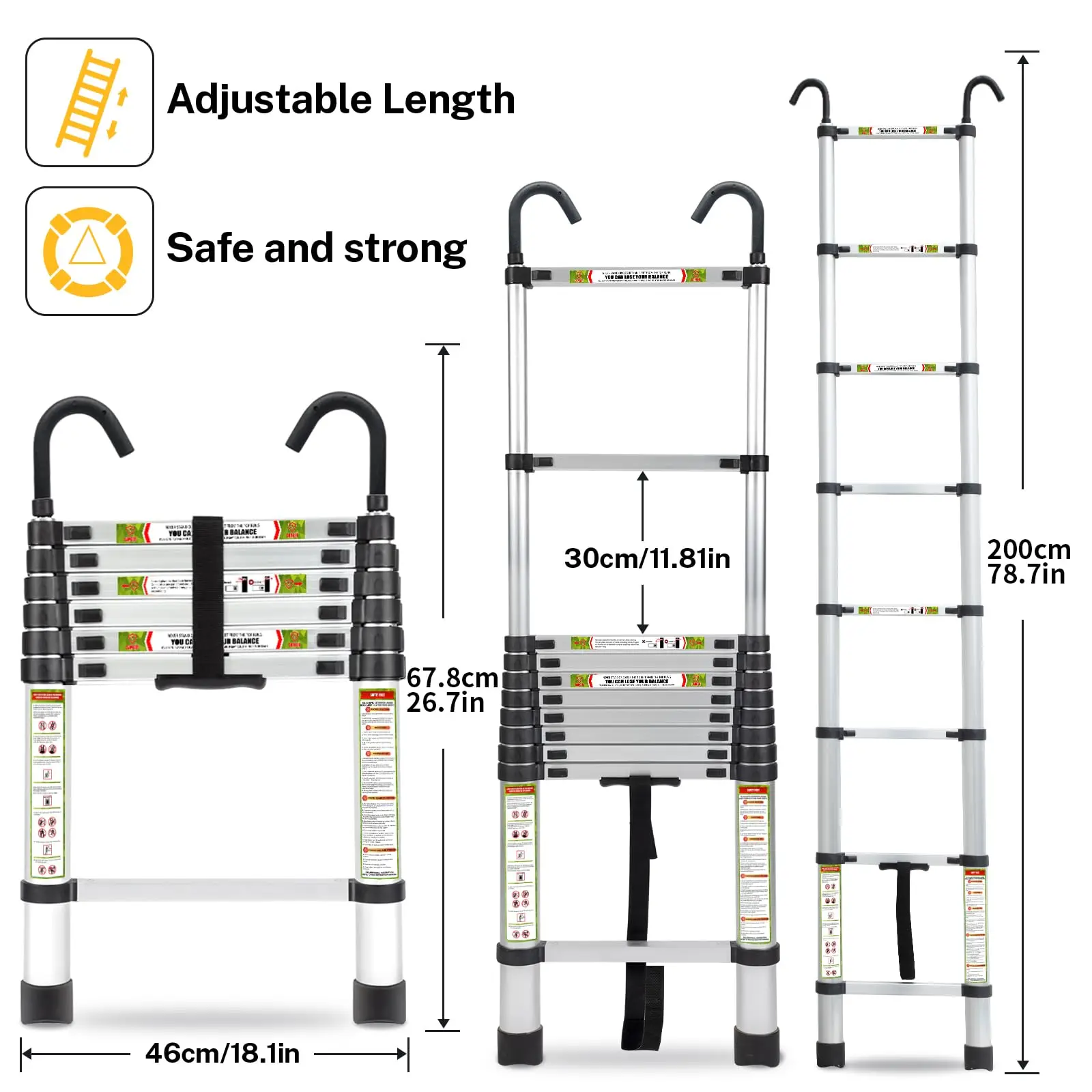 แบบพกพา 200 ซม.-ยืดได้อลูมิเนียมบันไดลื่นฟุตและตะขอที่มั่นคงสําหรับครัวเรือนทํางานกลางแจ้งและบันได