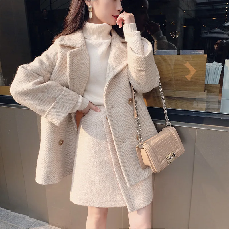 

2023 Winter Women 2 Piece Set Female Woollen Tweed Double Button Blazer+Irregular Split Pencil Skirt Suits High Street Harajuku