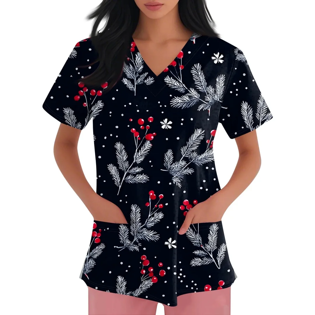 Roupas casuais femininas natal esfrega topo bonito boneco de neve árvore de natal impressão manga curta com decote em v uniformes médicos da enfermeira
