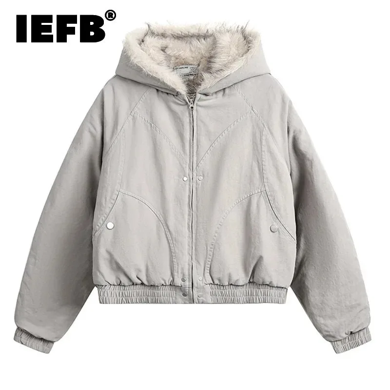 Iefb estilo coreano jaquetas acolchoadas masculinas algodão com capuz washe denim pelúcia cor sólida zíper engrossado roupas masculinas casuais