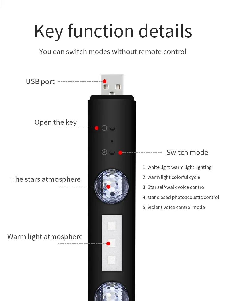 NEUE LED-Auto-Atmosphärenlampe, kabellose Sprachsteuerung, RGB-Dach-Sternenlicht, USB-Ladefunktion, dekorative Innenraumbeleuchtung für Partys. – Detail 10