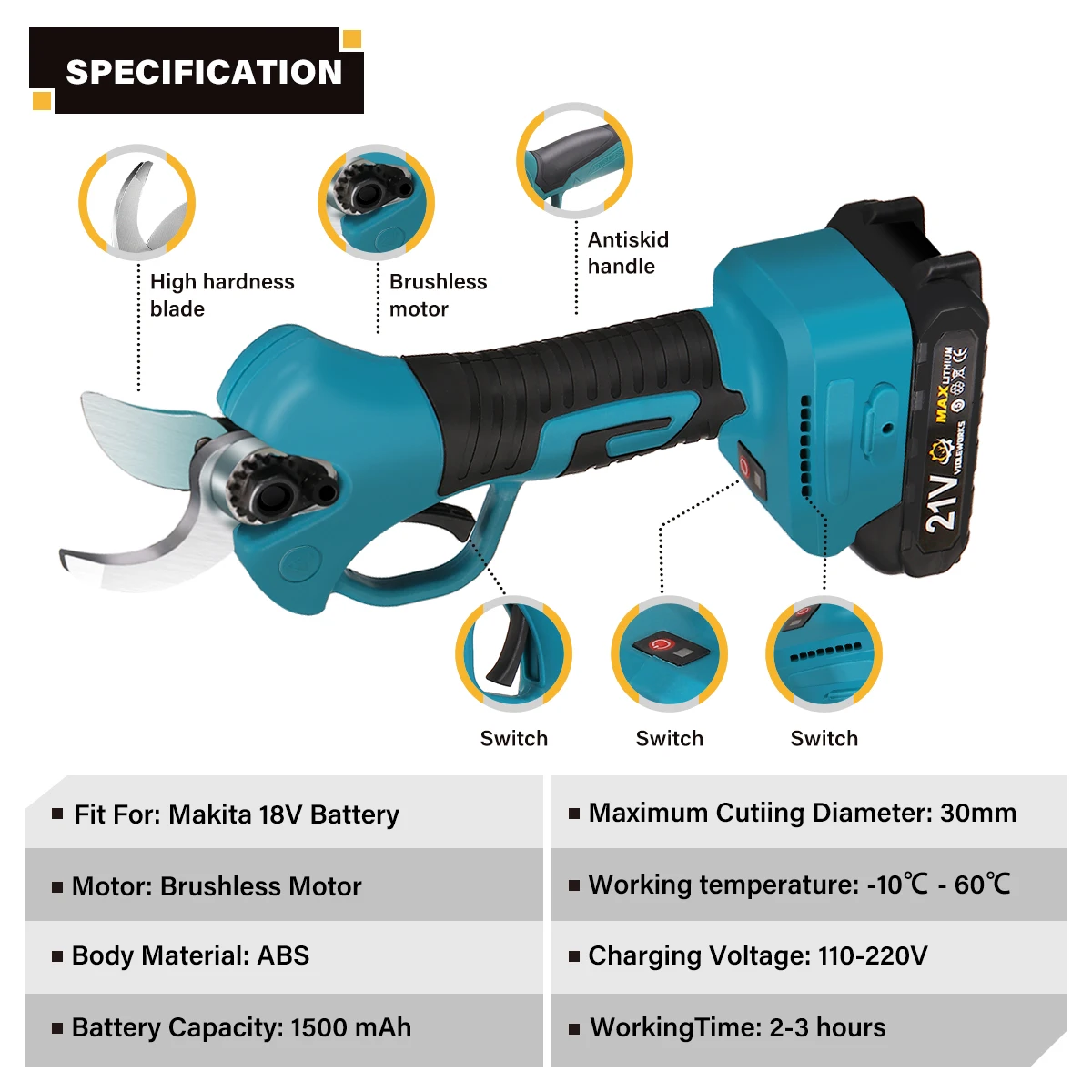 1300W 30mm Brushless Electric Pruner Shear Cordless Rechargeable Fruit Tree Bonsai Pruning Branches Tool For Makita 18V Battery