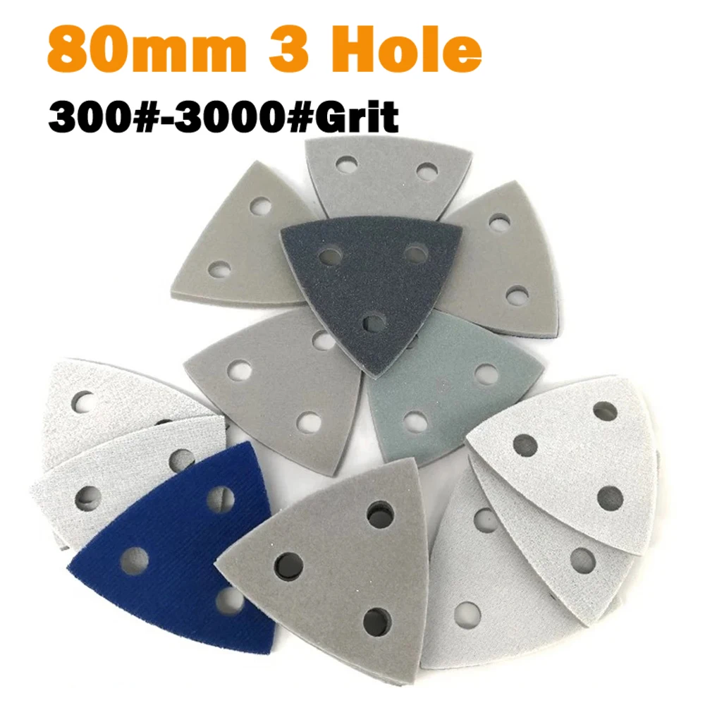 

2 ~ 50 шт., 80 мм, 3 отверстия, флокированная треугольная губка, наждачная бумага, шлифовальные диски, подушечка 300 # -3000 # Грит