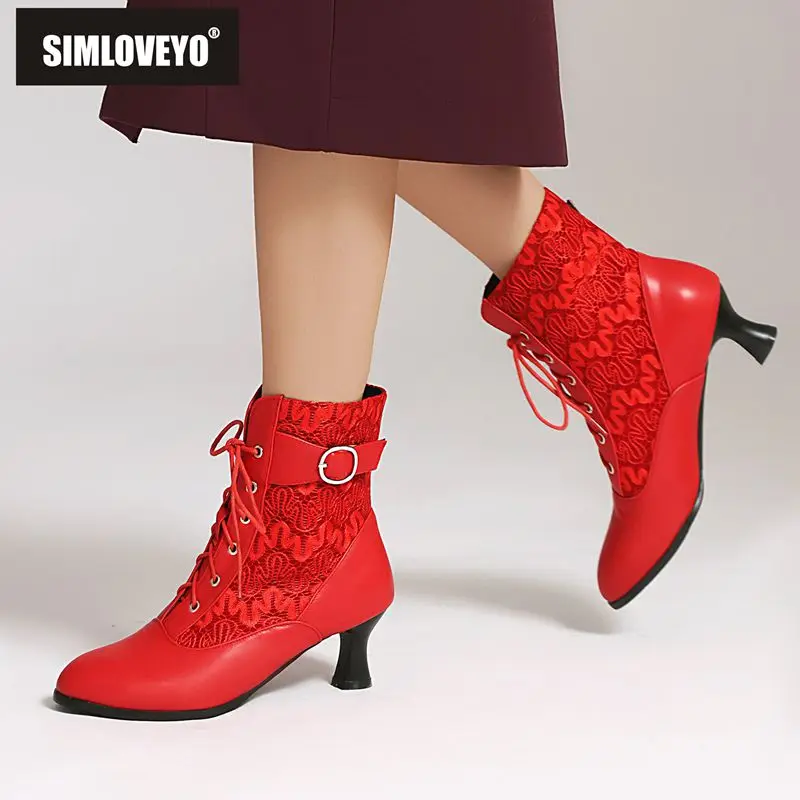 

SIMLOVEYO 2025 Новые женские ботильоны с круглым носком на свадьбу, нечетный каблук 5 см, на шнуровке, с пряжкой на ремне, большие размеры 43, стильный сексуальный