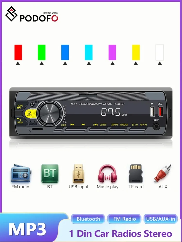 Podofo 1 Din MP3 Radio Samochodowe Audio Stereo FM Wejście Aux Odbiornik SD TF USB 12V Wbudowany Bluetooth Multimedialny Odtwarzacz Radio Samochodowego — Zdjęcie 2 z 2