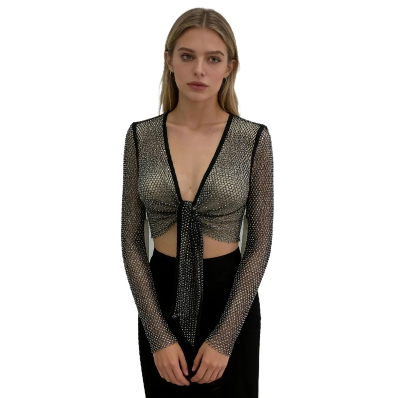 Glänzender Strass-Strandanzug für Damen, sexy, ausgeschnittene Bikini-Sets, Damen-Badeanzug, langärmliges, gebundenes Crop-Top, Netz-Bademode, Biquini – Detail 2