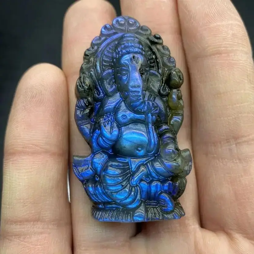 Natural Crystal Labradorite Hand-carved Lord Ganesha Statue Buddha Elephant hindu God Sculpture Figurines For Gift DIY Jewelry