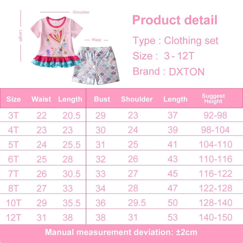 DXTON 2PCS Girls Clothing Set Summer Short Sleeve Tops &Shorts Kids Baby Clothes Outfits Mermaid Print New Children Cotton Suit