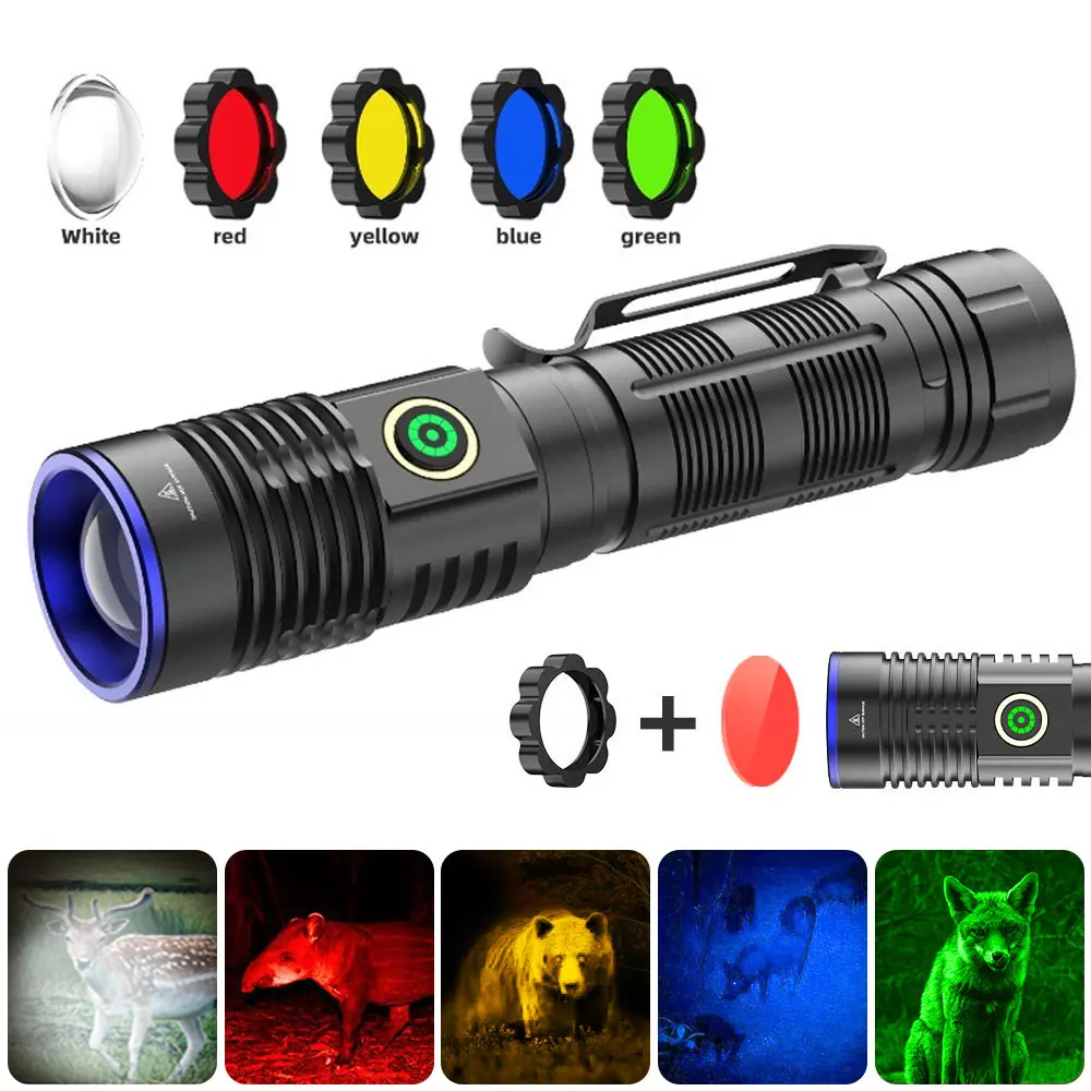 

30W Zoomable Aluminum Alloy Flashlight 5 Colors (White+Red+Green+Blue+Yellow) Light Cover Torch For Camping/Hiking/Fishing/Hunt