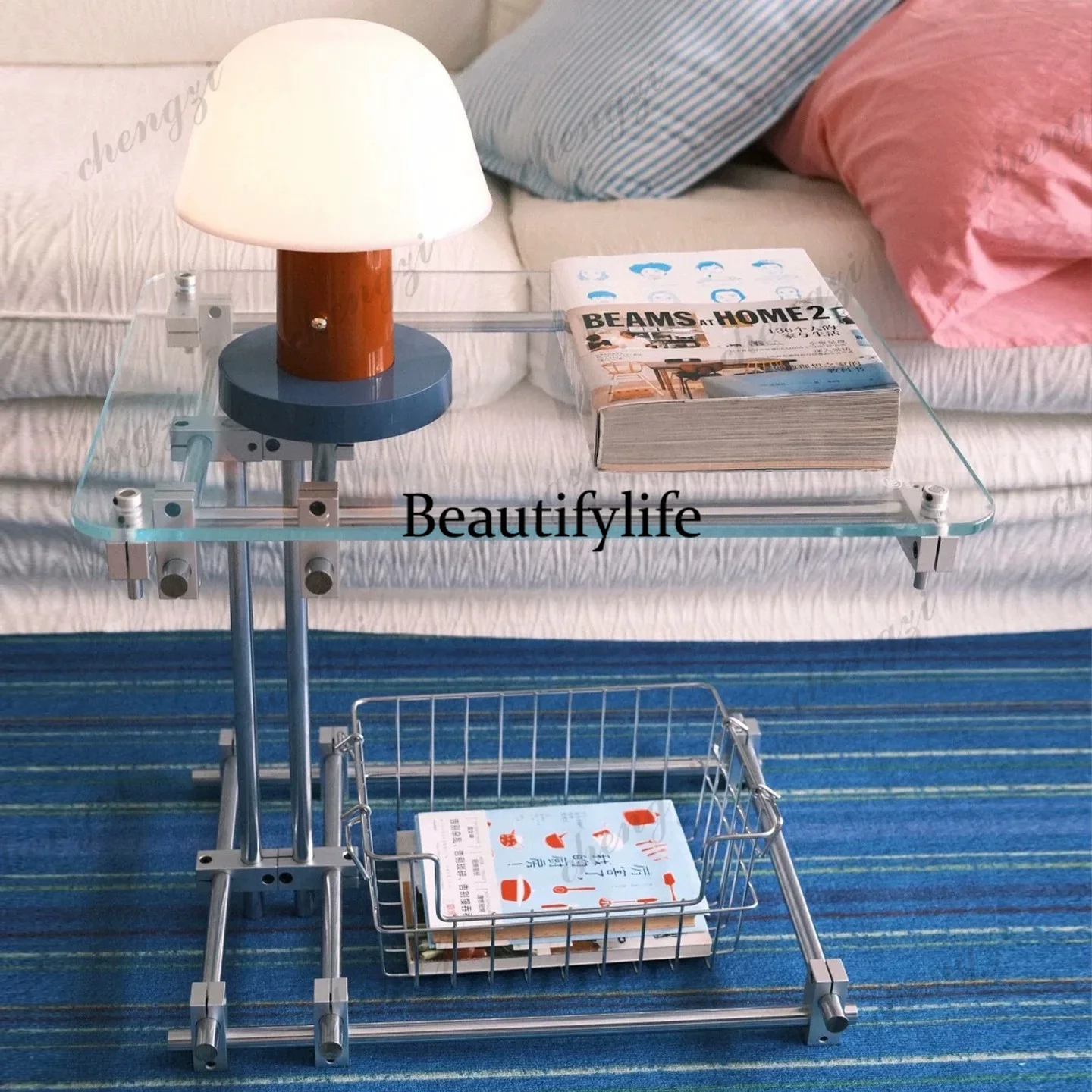 Modern, stainless steel optical axis glass edge table, light luxury small apartment sofa coffee table small table