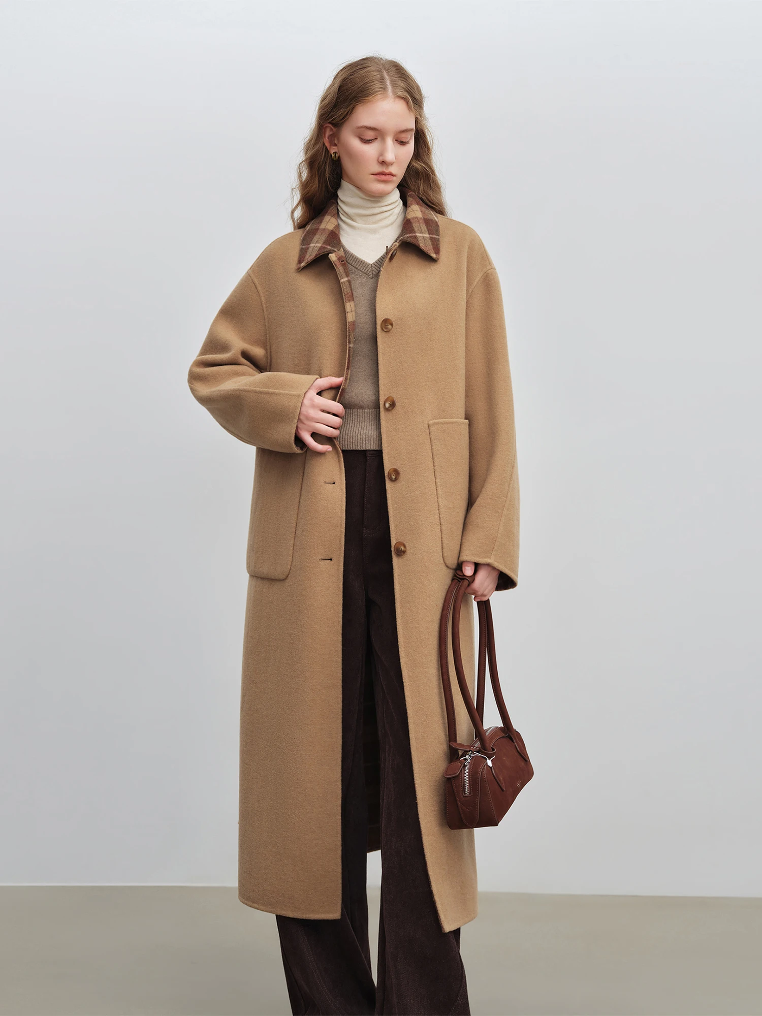 ZIQIAO Women's Double-Sided Wool Coat 2025 New Style Plaid Reversible Retro Gentle French Preppy Style Mid-calf Length