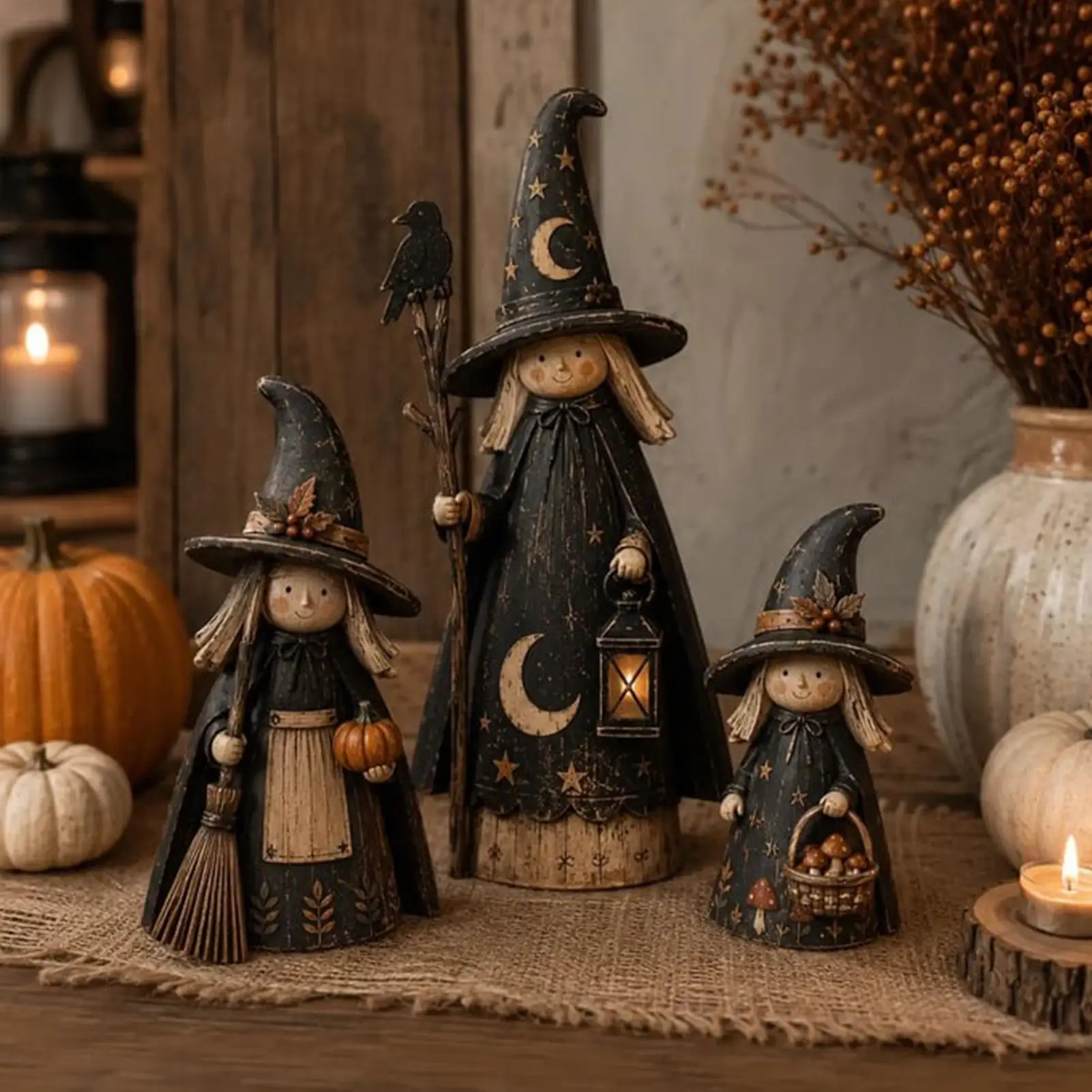 Halloween Wooden Decor Set Of 3 Fall Vintage Rustic Witch Sculpture Indoor Wooden Halloween Decorations For Entrance Table