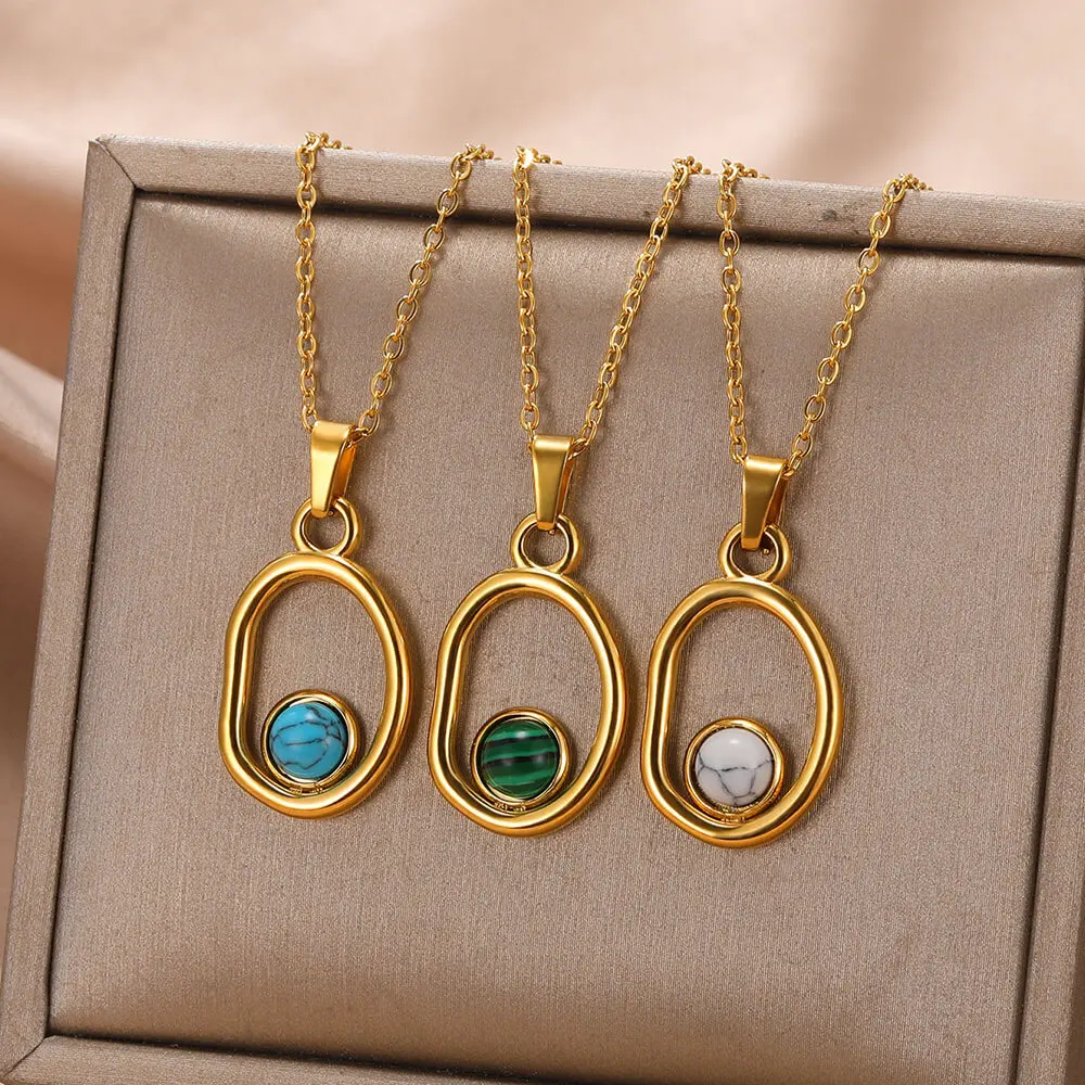 Minimalism Geometry Circle With Green Stone Pendants Necklaces For Women Dainty Jewelry Stainless Steel Statement Necklace