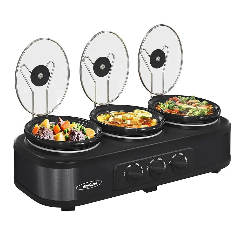 

Triple Slow Cooker Buffet Servers And Warmer,3 Pot Food Small Mini Manual Slow Cooker With Adjustable Temp Stainl Steel Lid