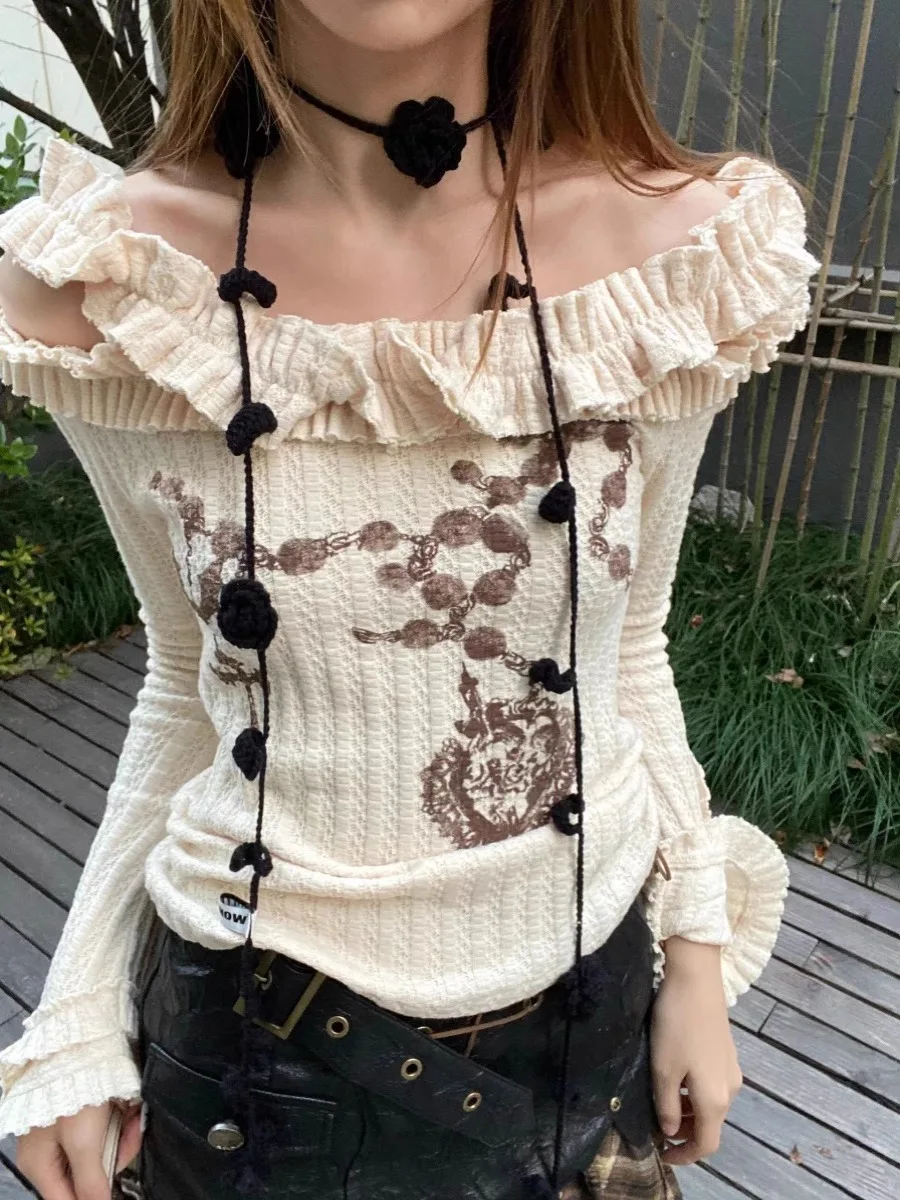 

Pullovers Women Slash Neck Flare Sleeve Tunic Jumper Casual Print Knitted Sweater Tops Fashion Vintage Sueter Mujer Knitwear