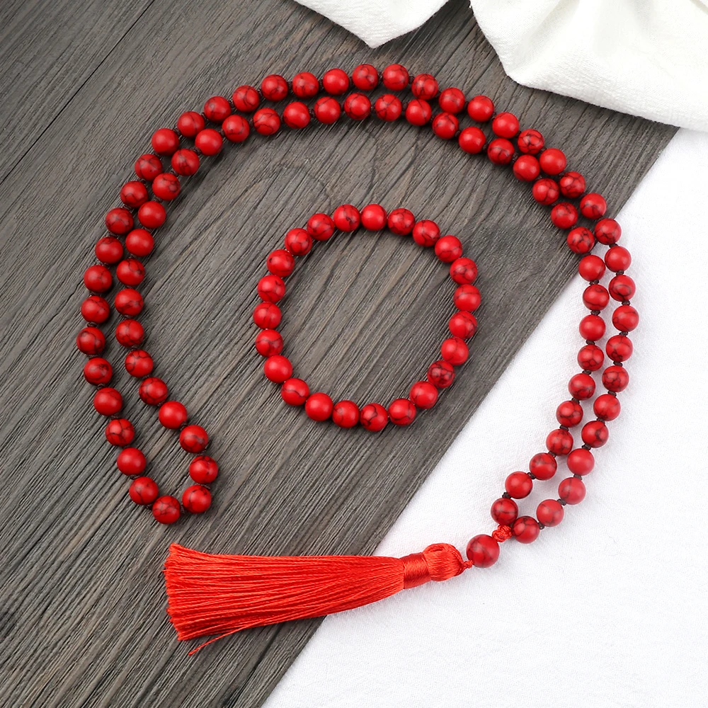 8mm Natural Black Line Red Pine Necklaces Set Fashion Handmade Knotted Tassel Pendant Charm Beaded Bracelet Yoga Spirit Jewelry