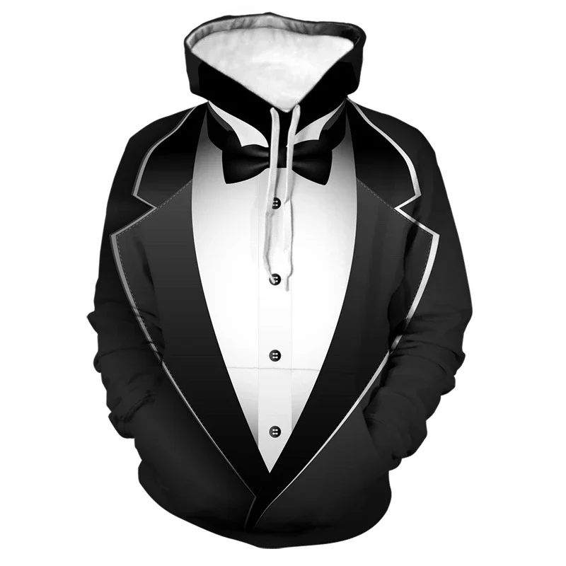 

Fun fake suit Fashion 3 Printed tuxedo bow tie pattern Men's and women's loose hooded sweatshirt Casual pullover Street hoodie