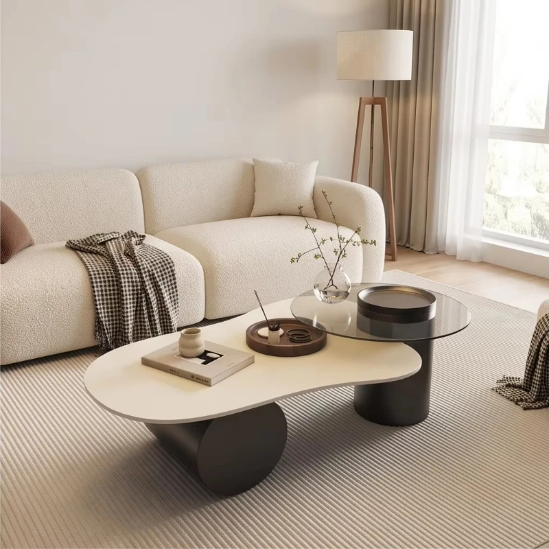 Modern cloud-shaped coffee table Burnt stone glass countertop Simple curved center table