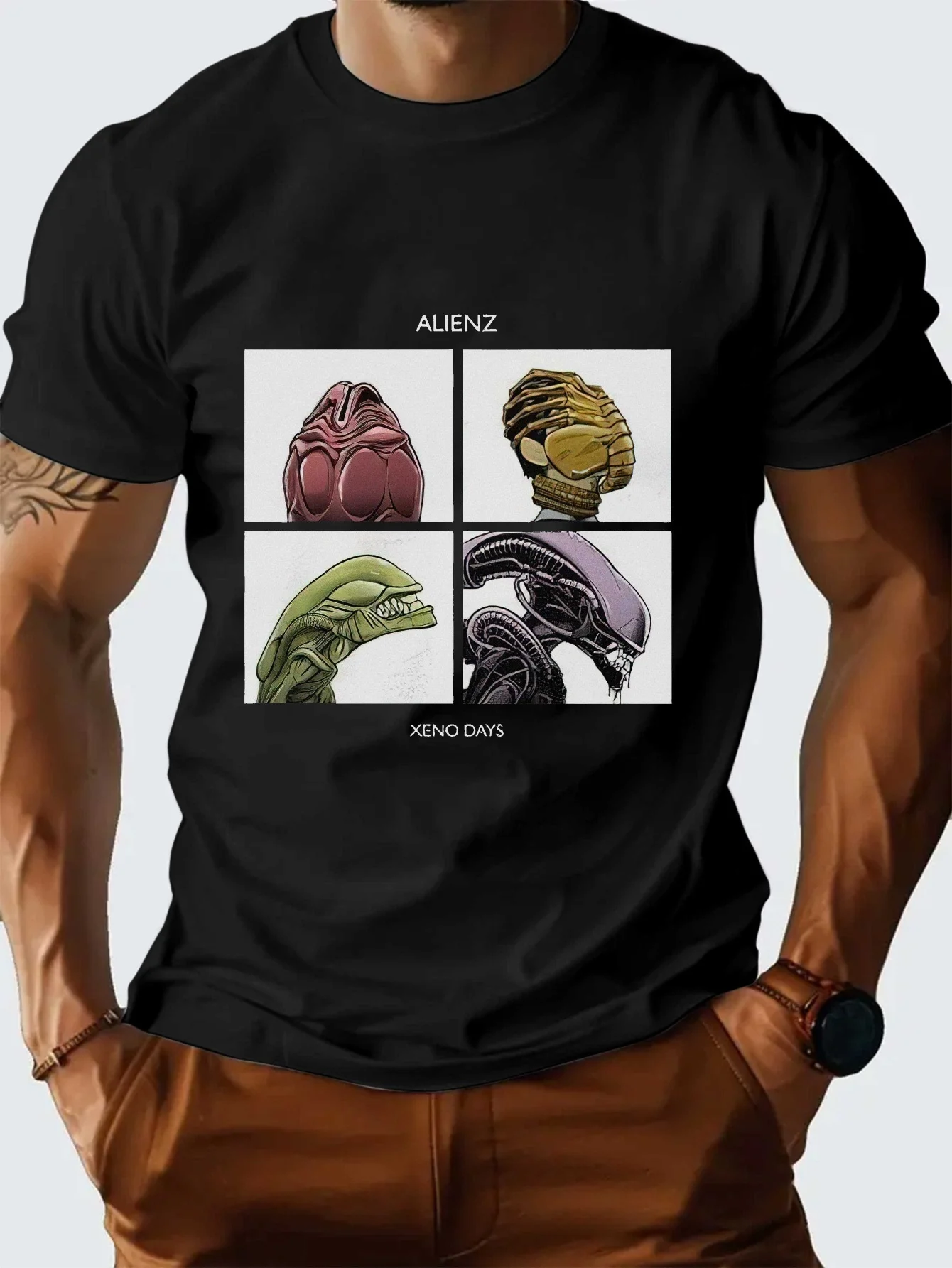 

with Alien & Xenomorph-Cartoon Alien Design-100% cotton summer O-neck short sleeve casual printed T-shirt.
