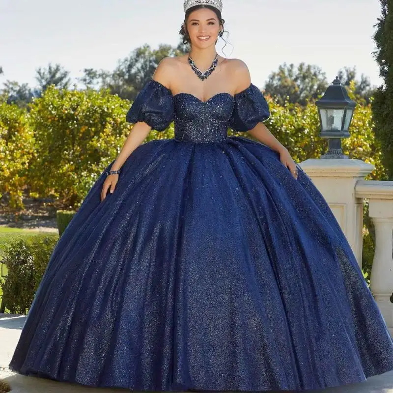 

Blue Glittering Quinceanera Dress Customized Sleeve Beading Tulle Vestidos De 15 Años Sweet 16 Dress Formal Birthday Party Bal