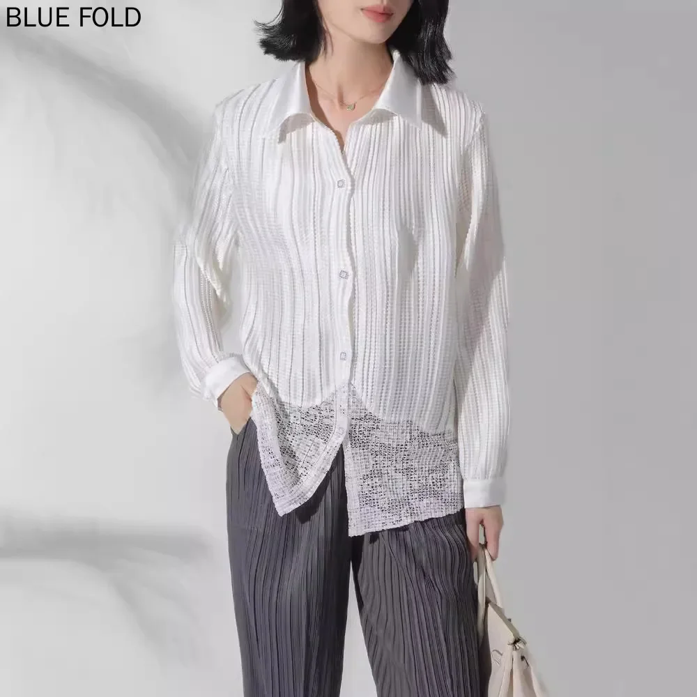 MIYAKE PLEATS Design Lapel Shirt Autumn  New Women's Fashion Casual Single-breasted Long-sleeved Shirt Pleat Shirts Blouses
