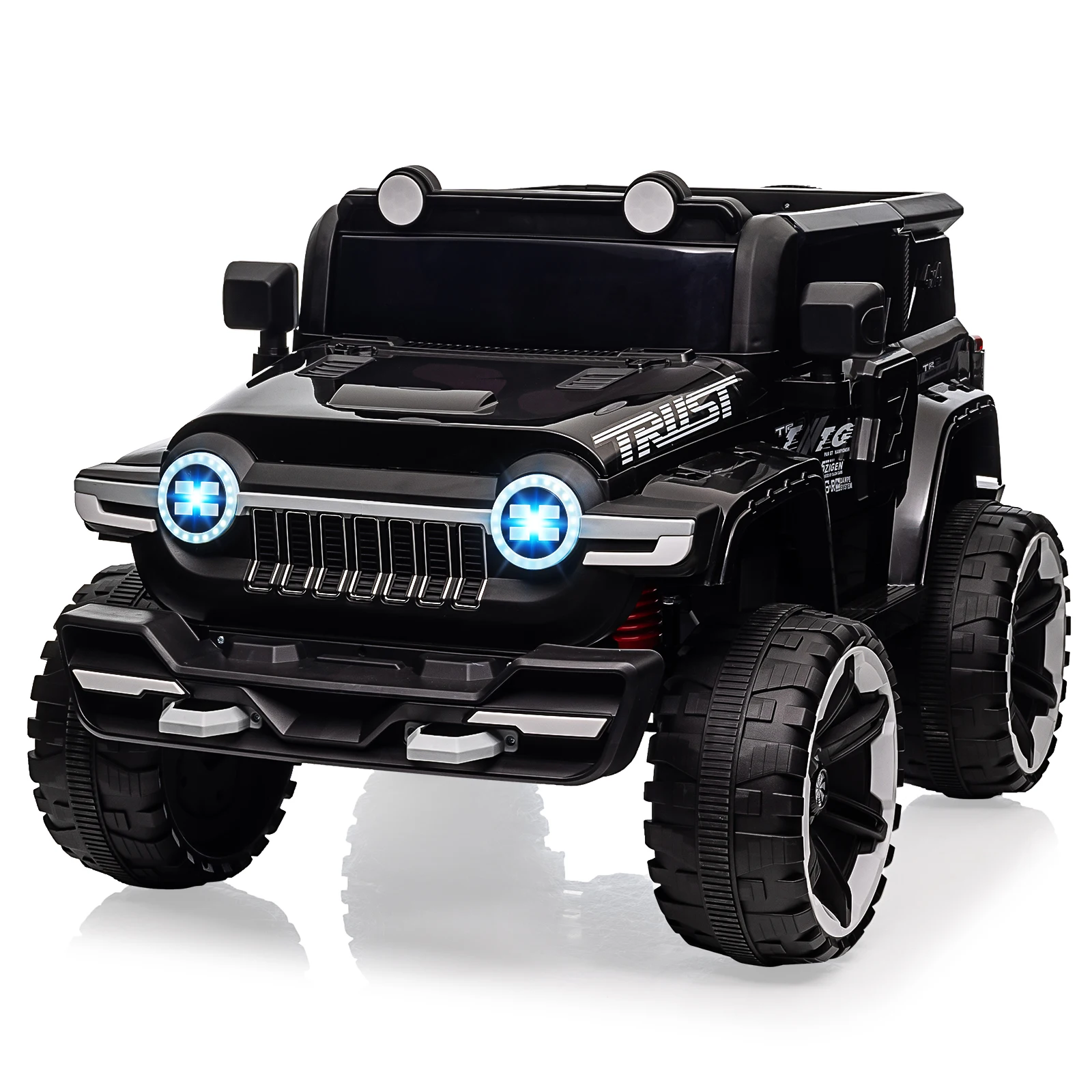 Coche todoterreno 4WD para niños de 12 V con control remoto, motor dual de 25 W, suspensión de resorte y reproductor de música, 3 velocidades, neumático de repuesto