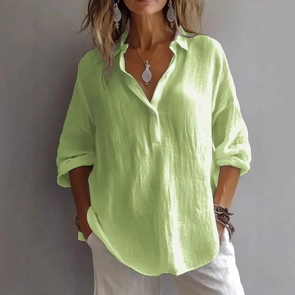

2026 Women's Casual Long Sleeve Linen V-Neck Shirt Spring And Summer New Solid Color Loose Female Lazy And Versatile Shirt