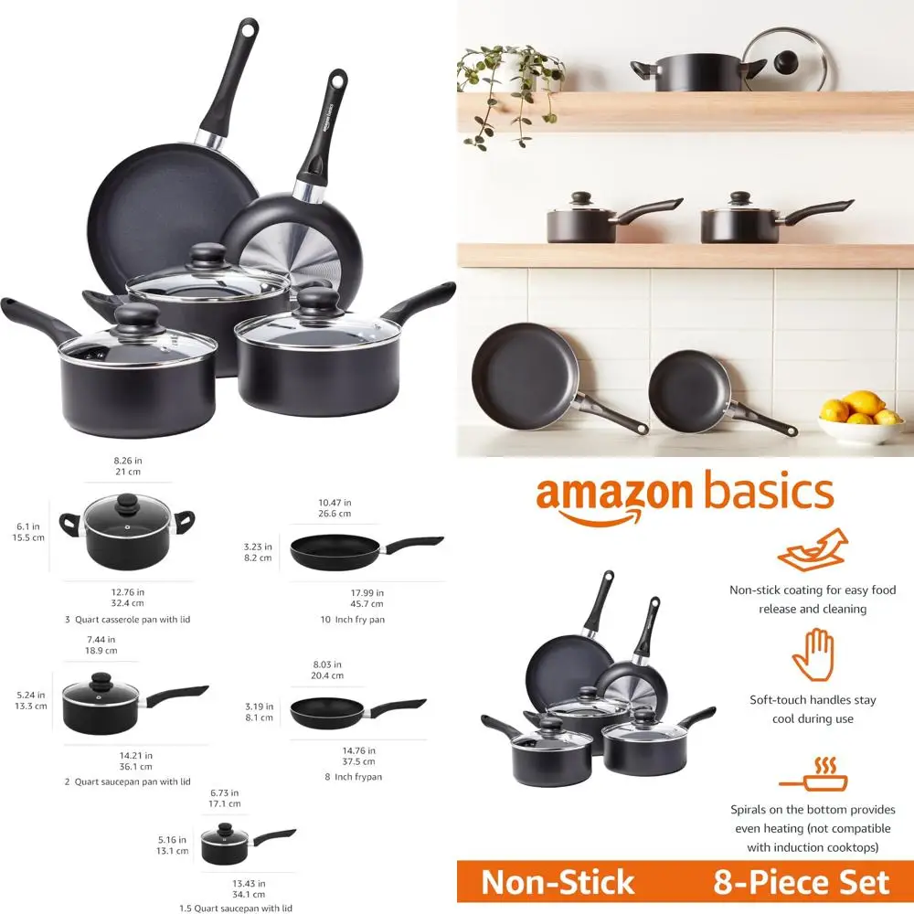 

amazon basics non stick kitchen cookware 8-piece set, non-induction, includes pots and pans, black