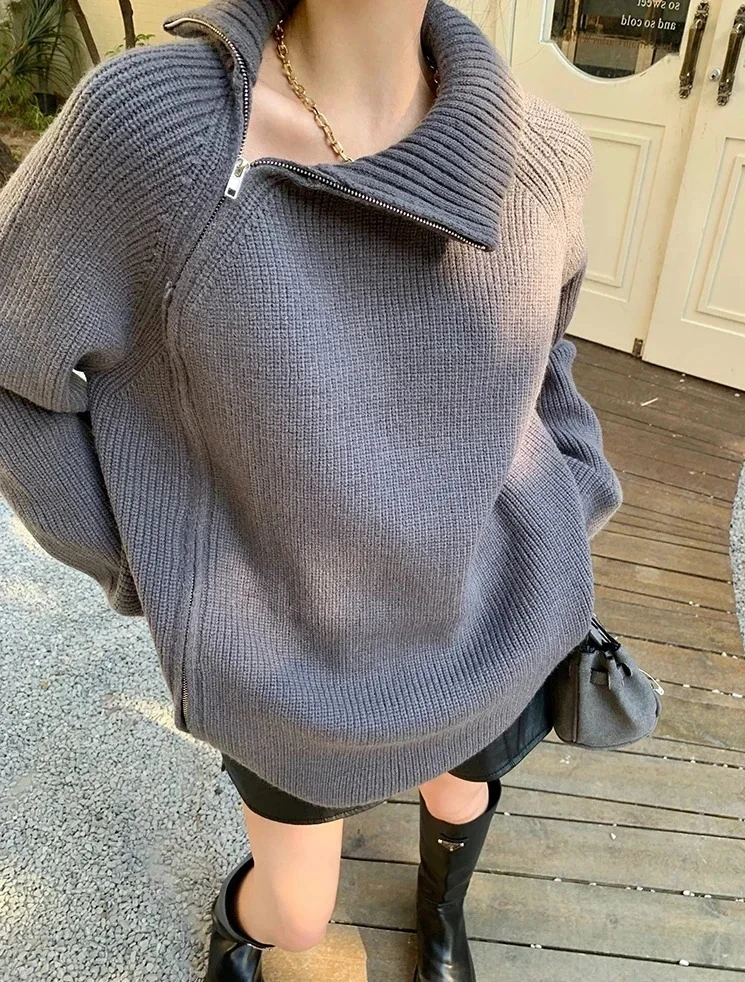 

Женский вязаный свитер-водолазка на молнии, осенний, модный, свободный, толстый, теплый, с высоким воротом, однотонный серый, длинный пуловер