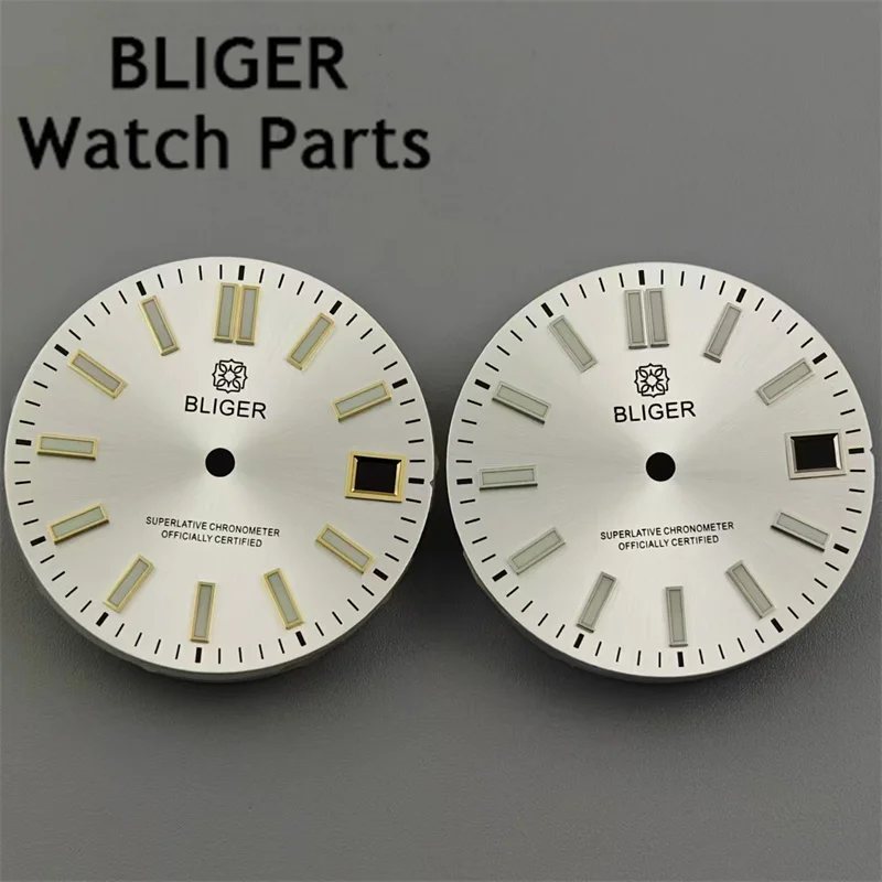 BLIGER-Mostrador do relógio branco com índice de ouro ou prata, C3 luminoso verde, Fit NH35 NH36 Movimento, 3.0 Relógio Coroa, 3.8, 29mm