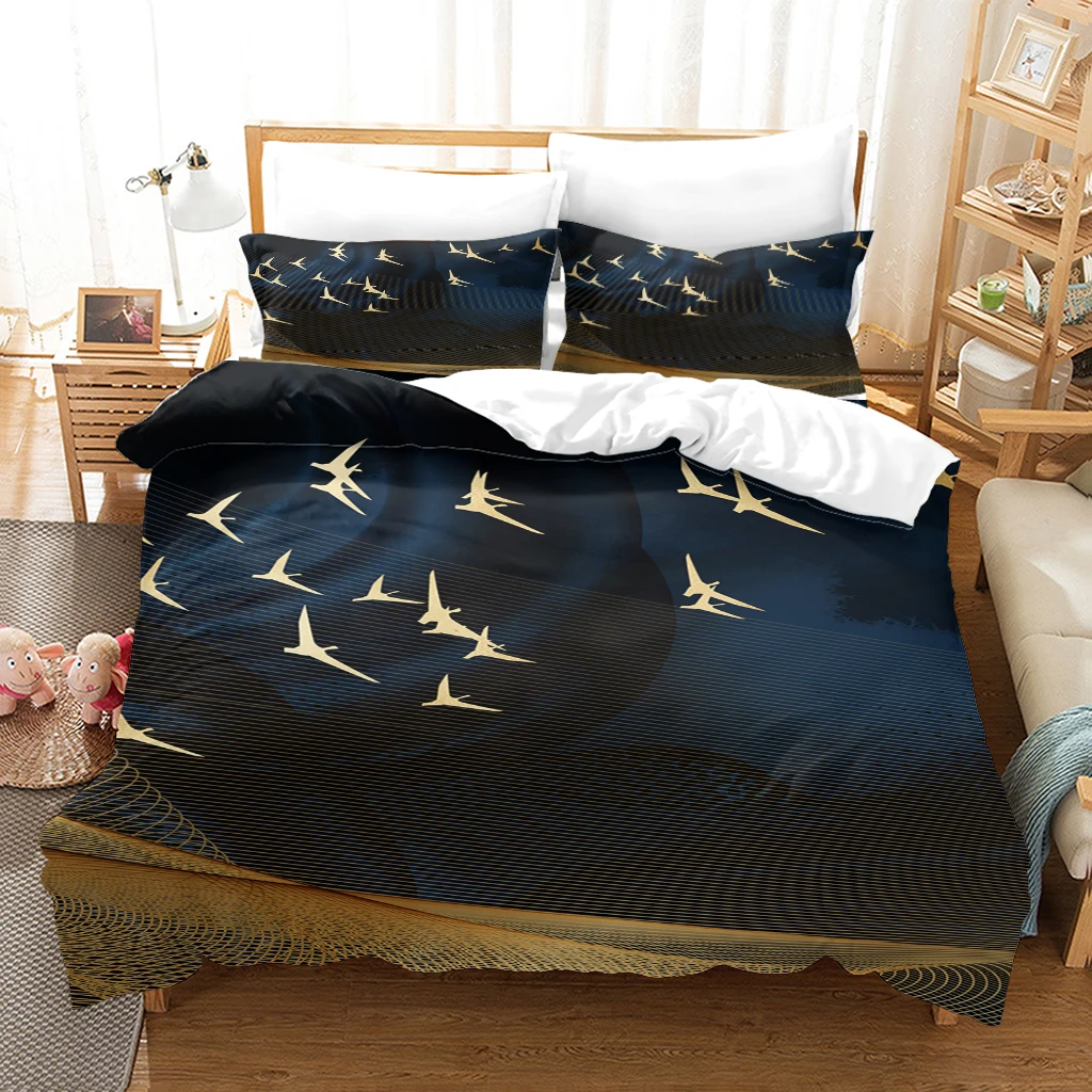 HUANZHUANG Quilt Cover Girl Room Gold Abstract Swallow Pattern 3D Bed Linen Children Duvet Cover Set Pillowcase King Size Gorgeo