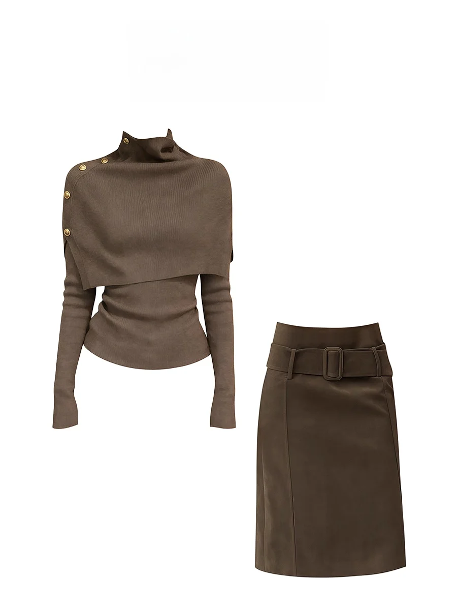 

Комплект женской одежды Parkyeon для весеннего сезона: вязаный топ, кофейная юбка миди, повседневный стиль, высокий воротник