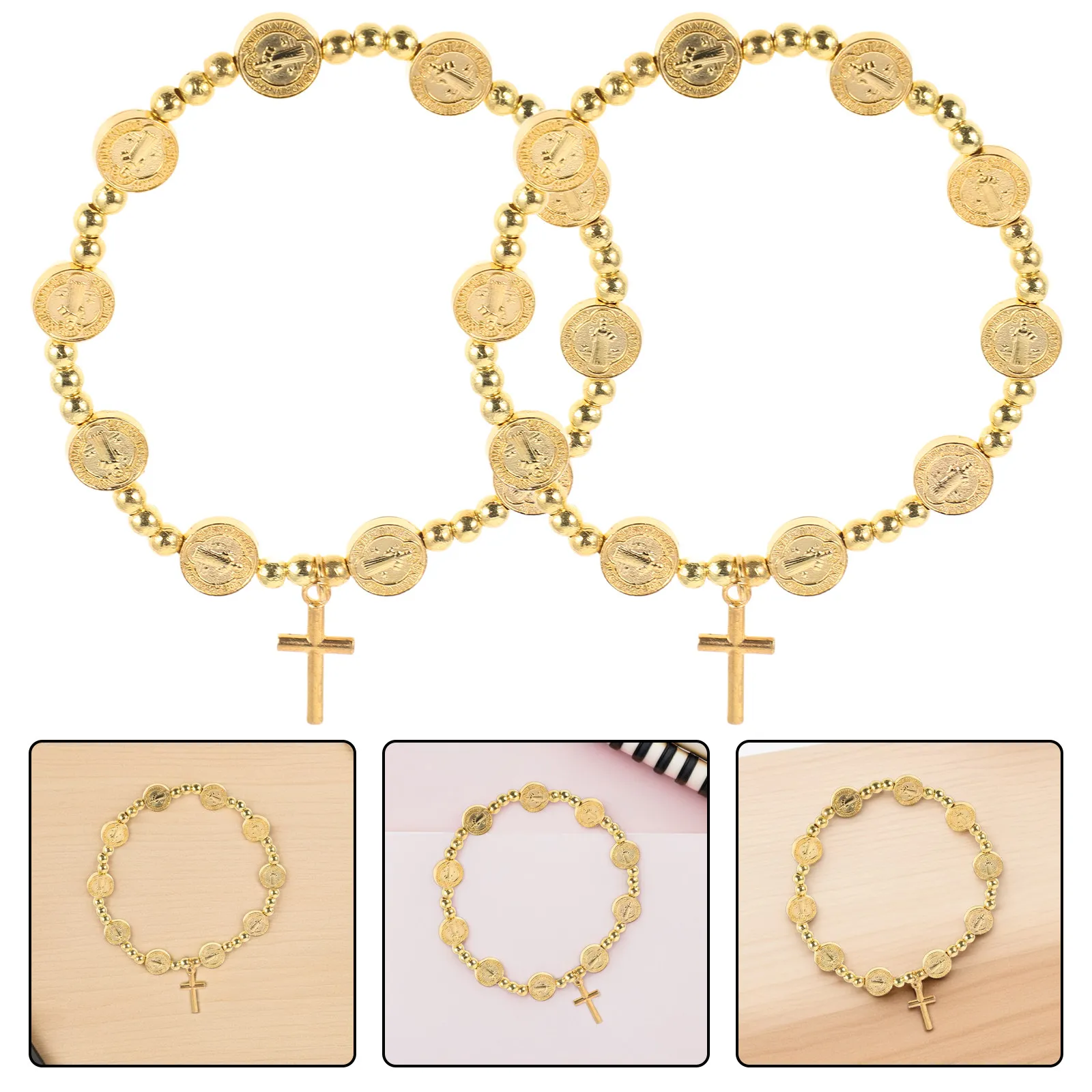 2 pulseras de rosario con cruz chapadas en oro, joyería religiosa elegante para mujer, pulsera con cuentas de oración, primera comunión cristiana