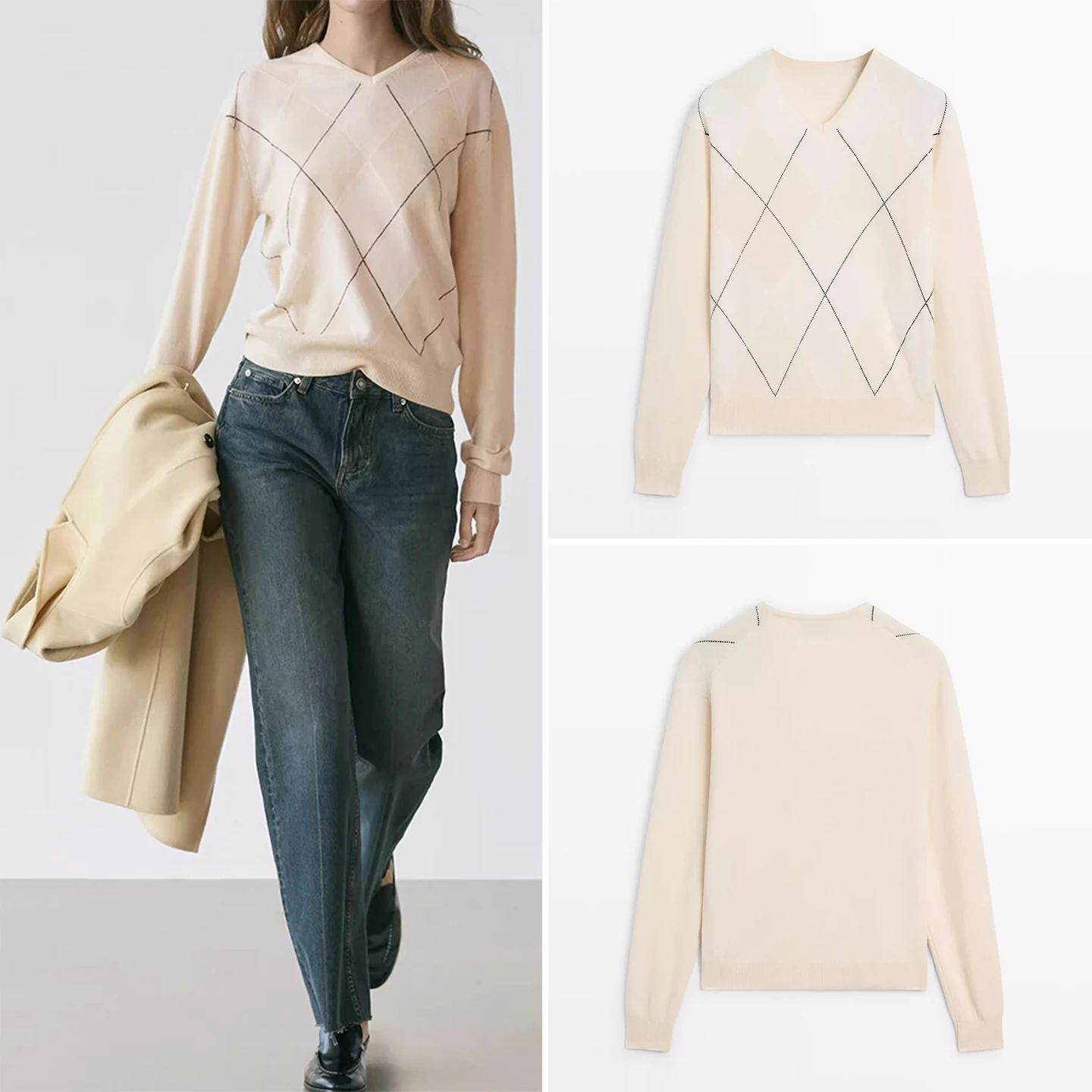 

Зима 2022, новинка Faion, женский вязаный свитер с ромбовидным узором, длинный свеч для девочек, V-Ne, стандартный крой