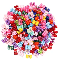 Wholesale 100 PCS Small Dog Hair Clips With Rubber Band Cute Rhinestone Hair Bows Puppy Ribbon Bowknot Pet Hair Accessories