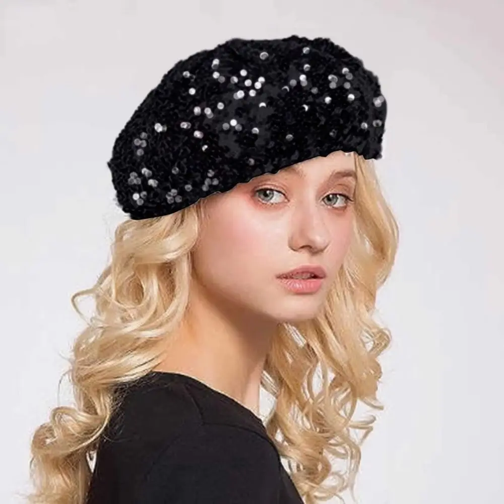 Fashion Chic Glitter Beanie Cap Solid Color Retro Women's Sequin Beret Octagonal Shape Lightweight Shiny Painter Hat Daily Wear
