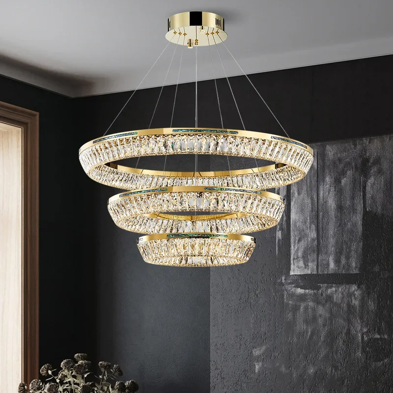 

LED Modern Crystal Pendant Light Copper Three Layers Ring Chandeliers Decoration Home Living Room Hanging Lamp For Ceiling