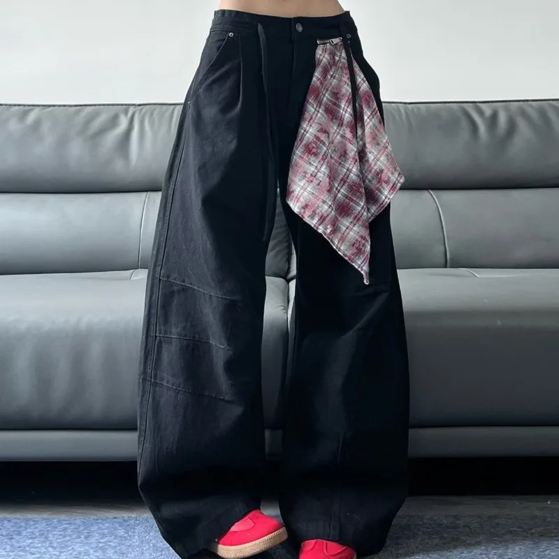ANJY otoño nuevas mujeres Y2K Jeans a cuadros bolsillo decorativo Denim lavado americano Retro High Street Casual Ins pantalones de pierna ancha A10160