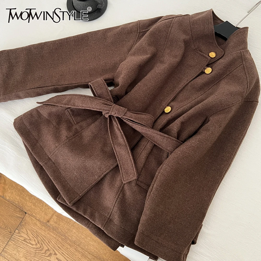 

TWOTWINSTYLE British Style Solid Slim Jackets For Women Stand Collar Long Sleeve Lace Up Vintage Chic Jacket Female KJA553118