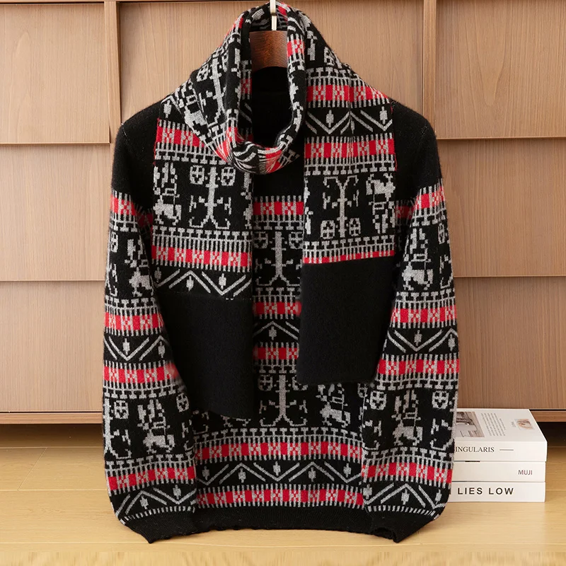

New Popular Autumn Winter Jacquard Pattern Pullover Sweater 100% Wool Casual Round Neck Men's Pullover Pair with Scarf 2-piece
