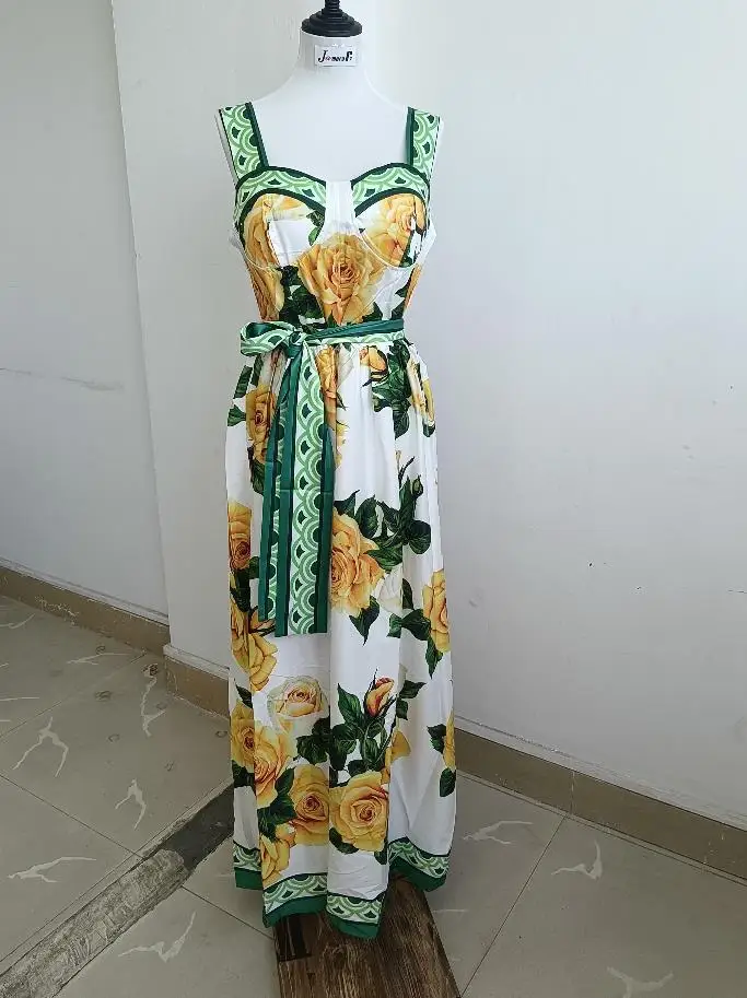 Summer Holiday Midi Floral Dress Women Runway Brand Designer Chest Pad Sexy Backless A Line Big Hem Yellow Rose Print Vestidos